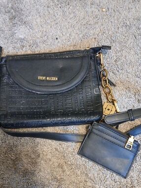 Steve Madden Black Embossed Crossbody with Gold Chain Accent